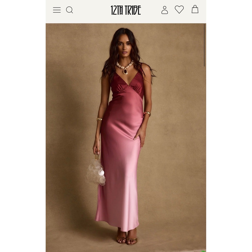12th Tribe Mirabella Mulberry Ombre Maxi Dress Pink Satin Slip Sz M Cocktail